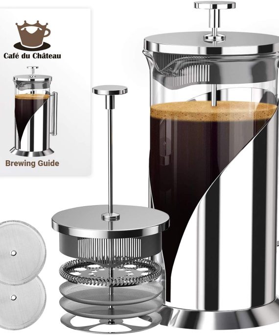 French Press Coffee Maker - 4 Level Filtration System - 304 Grade Stainless Steel - Heat Resistant Borosilicate Glass by Cafe du Chateau (34 Ounce)