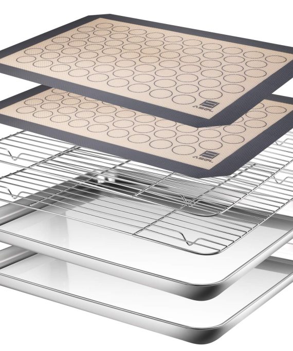 AASELM Stainless Steel Baking Sheet Tray Cooling Rack with Silicone Mat, Non Toxic & Healthy, Superior Mirror Finish & Easy Clean, 2 Baking Sheets + 2 Mats + 2 Baking Rack