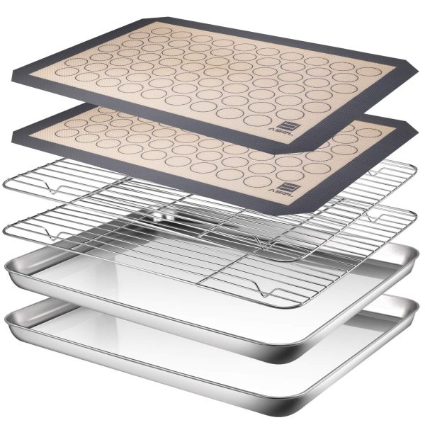 AASELM Stainless Steel Baking Sheet Tray Cooling Rack with Silicone Mat, Non Toxic & Healthy, Superior Mirror Finish & Easy Clean, 2 Baking Sheets + 2 Mats + 2 Baking Rack