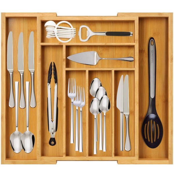 Bamboo Kitchen Silverware Drawer Organizer Expandable Cutlery Tray Wooden Utensils Holder with Adjustable Drawer Dividers for Spoon and Fork Knives Flatware in Home Kitchen by FURNINXS