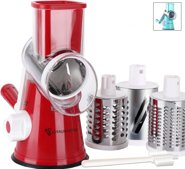 LOYALMASTER Manual Cheese Shredder Rotary Mandoline UPGRADE DESIGN - Round Drum Grater Vegetable Slicer - Easy to Clean Hand Crank for Walnuts, Potato, Nut Grinder -3 Drums - Strong Suction Base