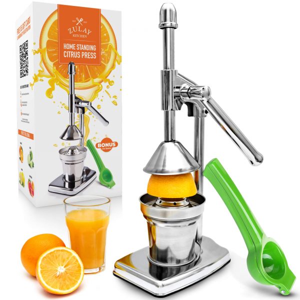 Zulay Citrus Juice Press - Small Orange Squeezer and Manual Juice Press with Bonus Metal Lime Squeezer, Premium Heavy Duty Mini Orange Juice Press, Lemon Squeezer & Lime Squeezer Stand
