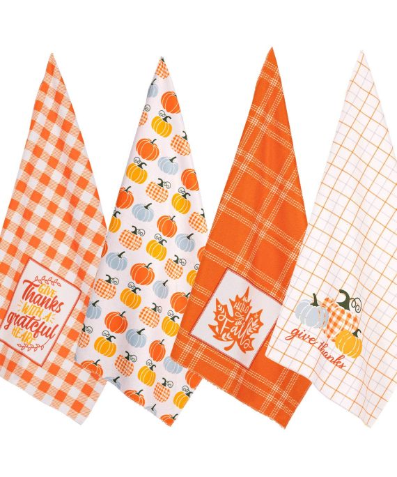 Whaline 4 Pack Thanksgiving Kitchen Towel Fall Harvest Dish Towel Super Absorbent Pumpkin Maple Leave Plaid Tea Towel Large Size Cloth Towel for Autumn Holiday Kitchen Coking Baking, 18 x 28 Inch