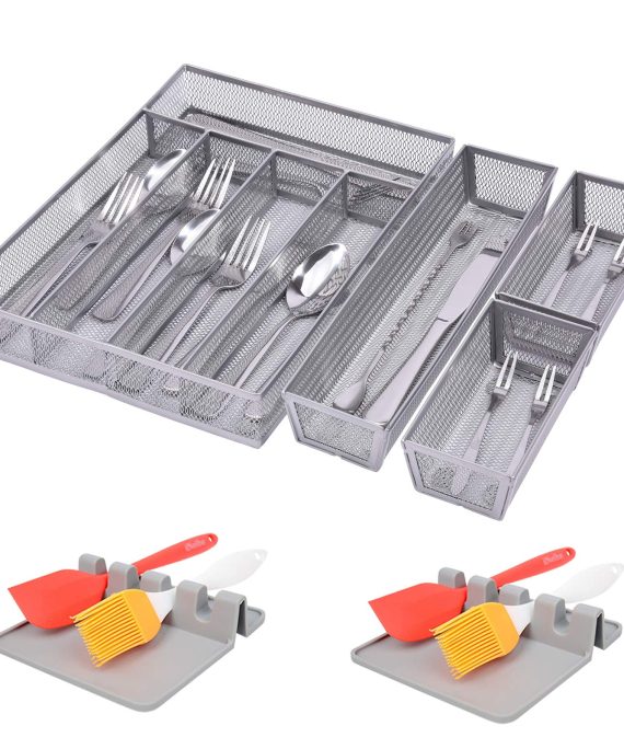 Mesh Drawer Organizer Kitchen Silverware Storage, 5+3 Compartments Utensils Silverware Drawer Organizer with 2 Pcs Gray Spoon Rest, Kitchen Flatware Drawer Organizers with Non-Slip Feet