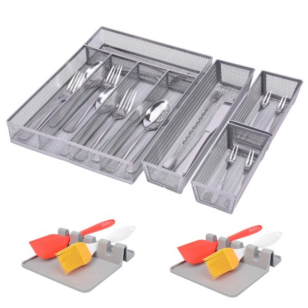 Mesh Drawer Organizer Kitchen Silverware Storage, 5+3 Compartments Utensils Silverware Drawer Organizer with 2 Pcs Gray Spoon Rest, Kitchen Flatware Drawer Organizers with Non-Slip Feet