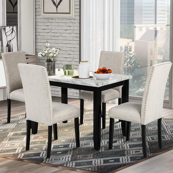 LZ LEISURE ZONE Dining Table Set Kitchen Dining Table Set for 4, Wood Table and Chairs Set (White/Beige)
