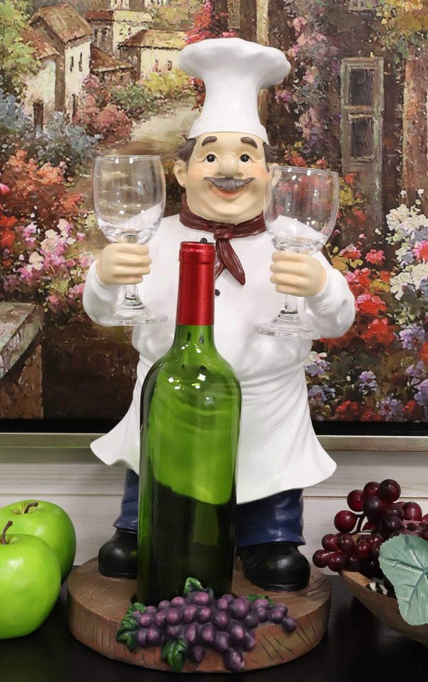 Chef Paul with Apron Red Scarf and Tall Hat Wine Bottle and 2 Glasses Holder