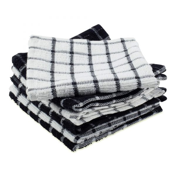 DII Terry Combo Windowpane Dishcloths Absorbant, Multi-Use, Fast Drying and Machine Washable, 12x12", Black 6 Piece