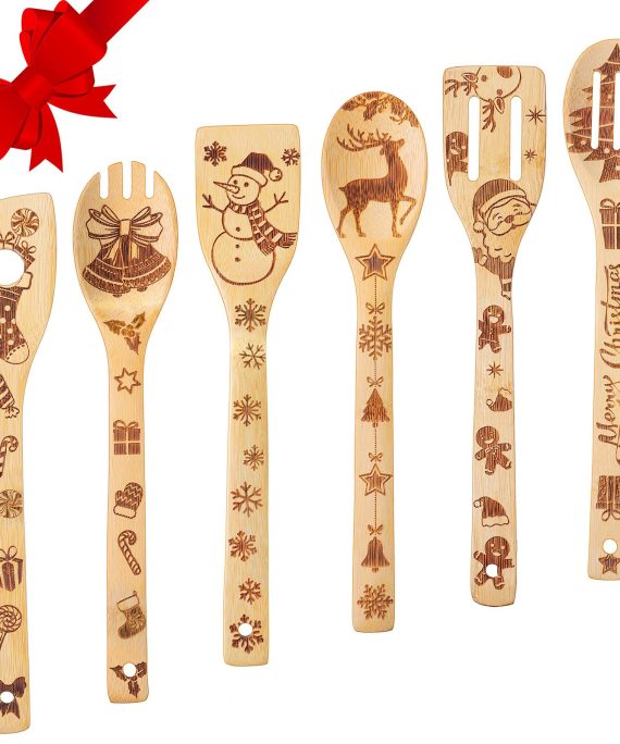 6 Pieces Christmas Wooden Spoons Set Burned Cooking Utensil Spoon Kitchen Spoon Decoration for Christmas Party House Kitchen Supplies
