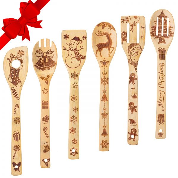 6 Pieces Christmas Wooden Spoons Set Burned Cooking Utensil Spoon Kitchen Spoon Decoration for Christmas Party House Kitchen Supplies