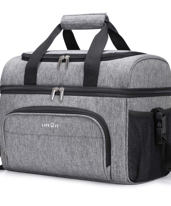 Lifewit Collapsible Cooler Bag 32-Can Insulated Leakproof Soft Cooler Portable Double Decker Cooler Tote for Trip/Picnic/Sports/Flight, Grey