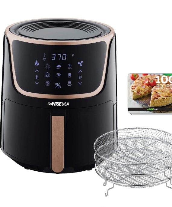 GoWISE USA GW22955 7-Quart Electric Air Fryer with Dehydrator & 3 Stackable Racks, Digital Touchscreen with 8 Functions + Recipes, 7.0-Qt, Black/Copper