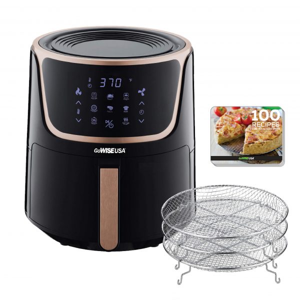 GoWISE USA GW22955 7-Quart Electric Air Fryer with Dehydrator & 3 Stackable Racks, Digital Touchscreen with 8 Functions + Recipes, 7.0-Qt, Black/Copper