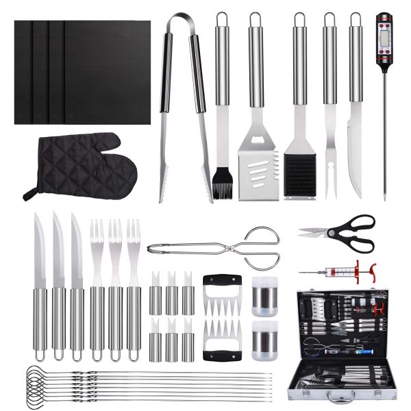 SYCEES 40 in 1 Grill Accessories Tool Set, Stainless Steel BBQ Grill Tools with Thermometer, Grill Mats for Camping/Backyard Barbecue, Grilling Tools Set for Men Women