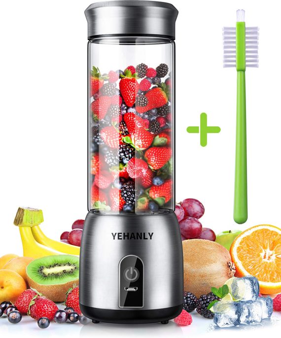 YEHANLY Portable Blender, Stainless Steel Mini Blender for Smoothie, Electric Juicer Cup Personal Size with USB Rechargeable, Six 3D Blades for Shakes Smoothies and Baby Food (BPA Free)