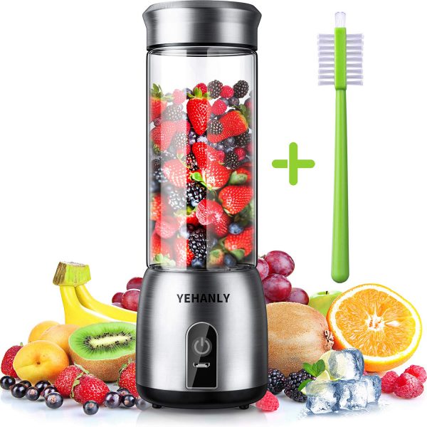 YEHANLY Portable Blender, Stainless Steel Mini Blender for Smoothie, Electric Juicer Cup Personal Size with USB Rechargeable, Six 3D Blades for Shakes Smoothies and Baby Food (BPA Free)