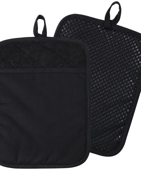 100% Cotton with Silicone Kitchen Everyday Basic Pot Holder Heat Resistant Coaster Potholder Oven Mitts with Pocket for Cooking and Baking Set of 2 Black