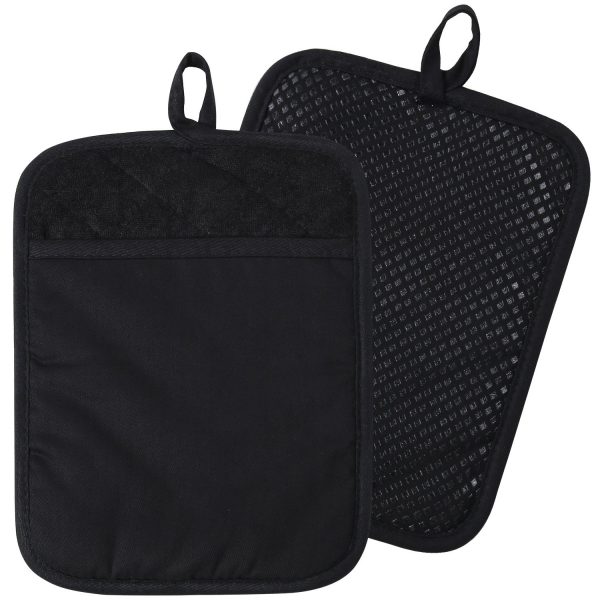 100% Cotton with Silicone Kitchen Everyday Basic Pot Holder Heat Resistant Coaster Potholder Oven Mitts with Pocket for Cooking and Baking Set of 2 Black