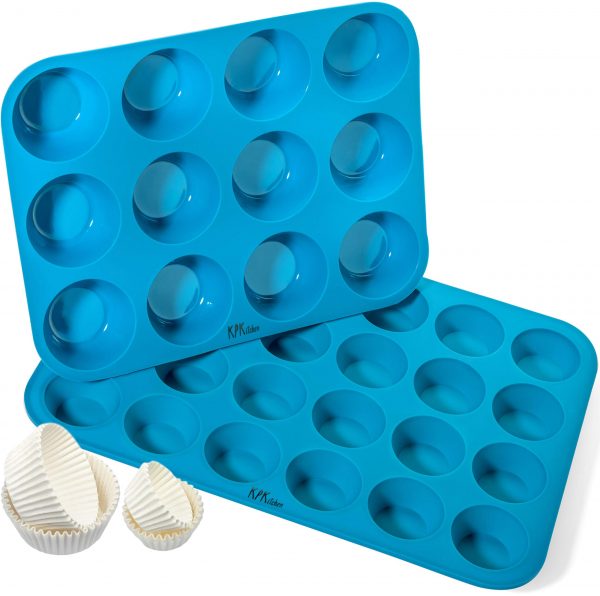KPKitchen Silicone Muffin Pan & Mini Cupcake Pan Set - Silicon Muffin Pan 12 & 24 Mini Muffin Tin Cup Sizes - Non Stick & Safe Muffin Tins for Baking