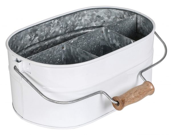 Farmhouse Utensil Caddy Carry-All Serveware -Galvanized Metal Organizer for Kitchen Counter -Comfortable Wooden Handle Indoor/Outdoor Storage For Flatware, Condiments, Party Cutlery,12x8x5 inch WHITE