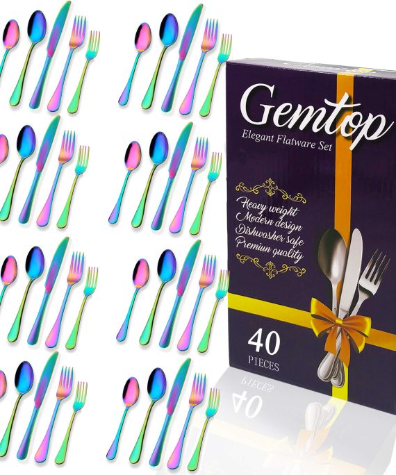 Rainbow Silverware Set, Colorful Stainless Steel flatware set Include Forks, Spoon, Knife Flatware, Cutlery Set Service for 8, Dishwasher Safe (Rainbow 8 Sets 40pcs)