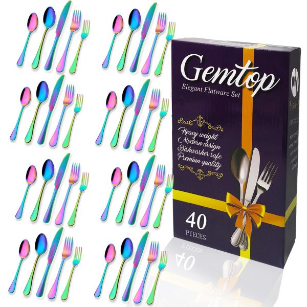Rainbow Silverware Set, Colorful Stainless Steel flatware set Include Forks, Spoon, Knife Flatware, Cutlery Set Service for 8, Dishwasher Safe (Rainbow 8 Sets 40pcs)