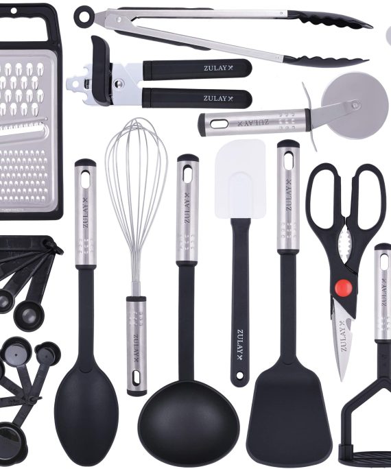Zulay 23 Piece Nylon Kitchen Utensils Nylon & Stainless Steel Cooking Utensils Set - Best Kitchen Tools Of Flexible Non-Stick Kitchen Utensils For Cooking