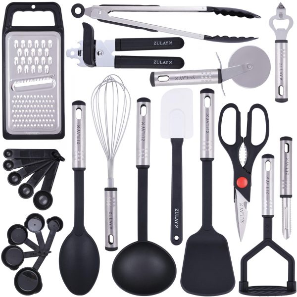 Zulay 23 Piece Nylon Kitchen Utensils Nylon & Stainless Steel Cooking Utensils Set - Best Kitchen Tools Of Flexible Non-Stick Kitchen Utensils For Cooking