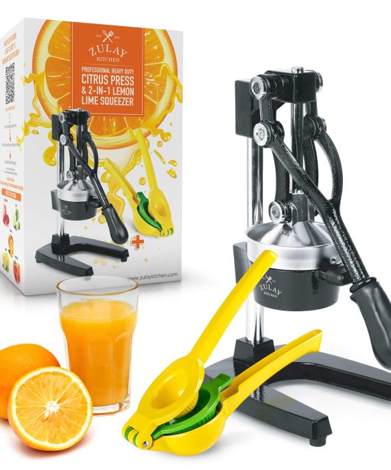 Zulay Professional Citrus Juicer - Manual Citrus Press and Orange Squeezer + 2 in 1 Metal Lemon Squeezer COMPLETE SET - Premium Quality Heavy Duty Manual Orange Juicer and Lime Squeezer Press Stand