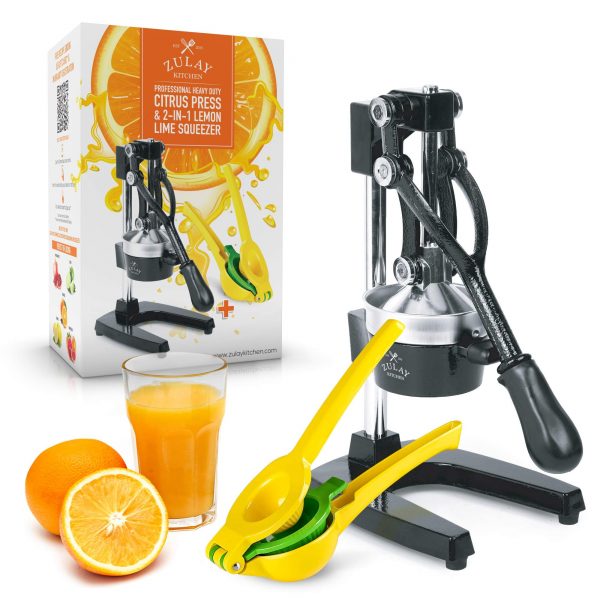 Zulay Professional Citrus Juicer - Manual Citrus Press and Orange Squeezer + 2 in 1 Metal Lemon Squeezer COMPLETE SET - Premium Quality Heavy Duty Manual Orange Juicer and Lime Squeezer Press Stand