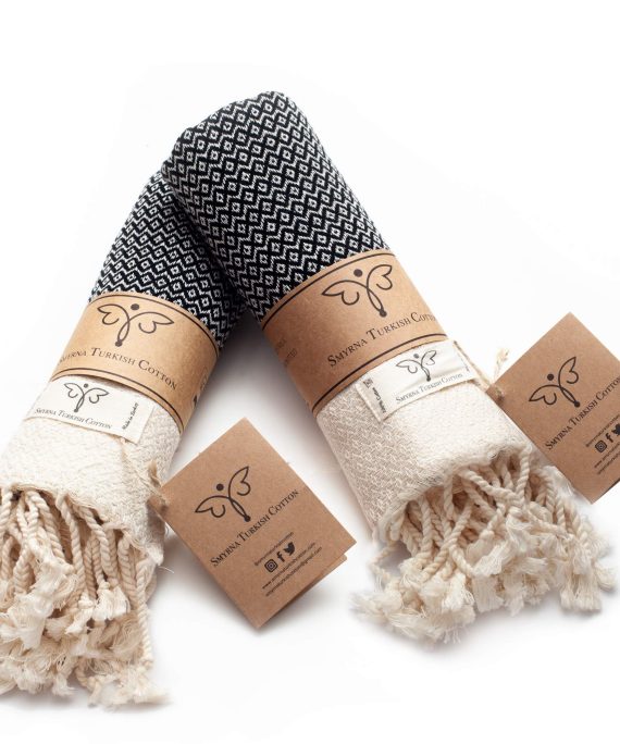 Smyrna Original Turkish Hand Towels Set of 2 | 100% Cotton, 16 x 40 Inches | Decorative Bathroom Peshtemal Towel for Hand, Face, Hair, Gym, Yoga, Tea, Dishcloth, Kitchen and Bath (Black)