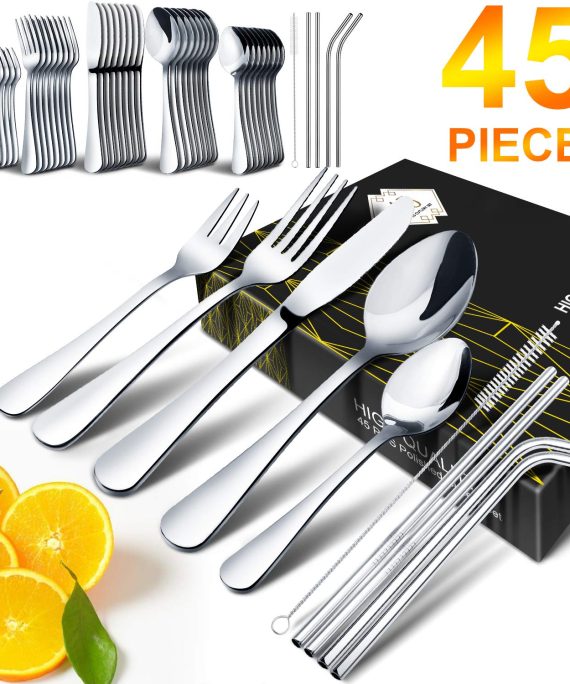 Silverware Set, HOBO 45-Piece Silverware Set,Stainless Steel Flatware Silverware Cutlery Set, Include Knife/Fork/Spoon/ Straws/Straws Brush, Mirror Polished, Service for 8