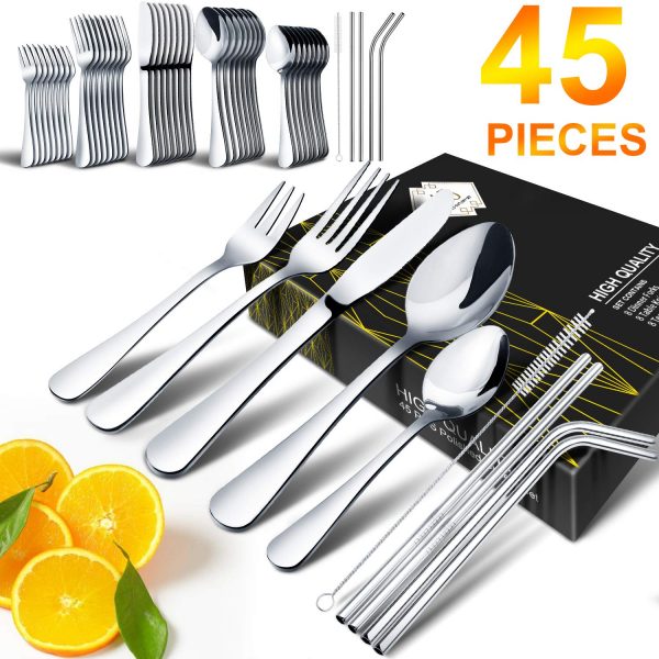 Silverware Set, HOBO 45-Piece Silverware Set,Stainless Steel Flatware Silverware Cutlery Set, Include Knife/Fork/Spoon/ Straws/Straws Brush, Mirror Polished, Service for 8