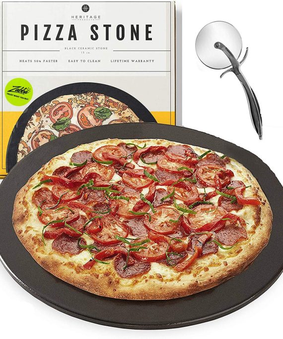 Heritage Black Ceramic Pizza Stone ​Pan ​and Pizza Cutter Wheel ​Set​ - Baking Stones for Oven, Grill & BBQ - ​Stainless​ ​& Nonstick