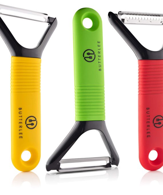 Vegetable Peeler trio set by BUTTERLEE. Potato, apple, fruit, kiwi, carrot, veggie Y-shaped stainless steel swivel, serrated, julienne, garnish peelers with non-slip comfortable grip handle, set of 3