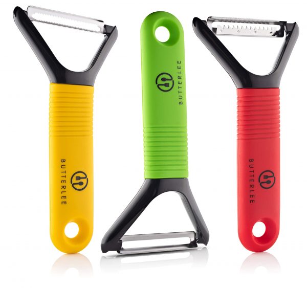Vegetable Peeler trio set by BUTTERLEE. Potato, apple, fruit, kiwi, carrot, veggie Y-shaped stainless steel swivel, serrated, julienne, garnish peelers with non-slip comfortable grip handle, set of 3