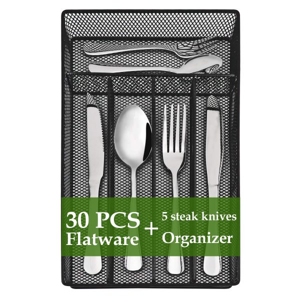 Silverware Set, 30 Piece Flatware Set with Wire Mesh Holder Storage Trays Drawer Organizer, Stainless Steel Silverware Set Service for 5, Including Steak Knives, Mirror Polished, Dishwasher Safe
