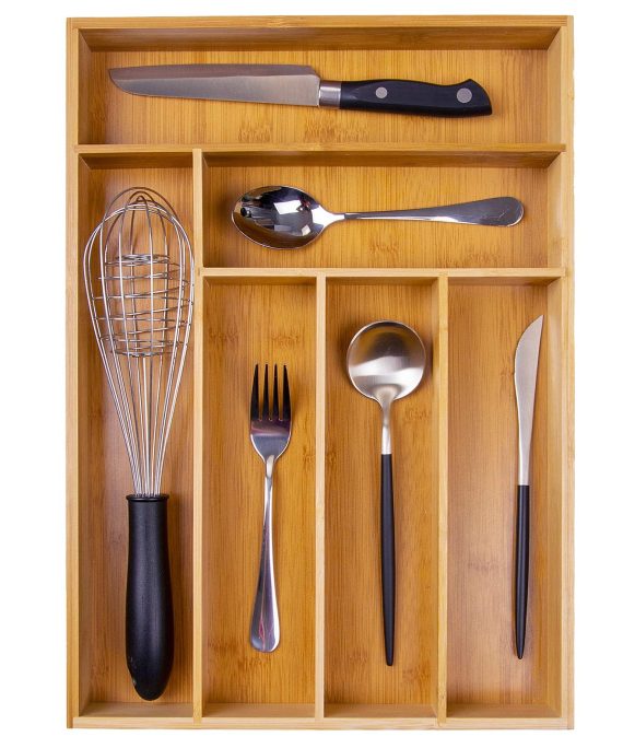 Kitchen Utensil Drawer Organizer, Bamboo Silverware Tray for Drawer ,Cutlery Organizer, Flatware Drawer Holder Medium,Wood Storage Organizers,Kitchen Knife Drawer Dividers Insert 12.2X17