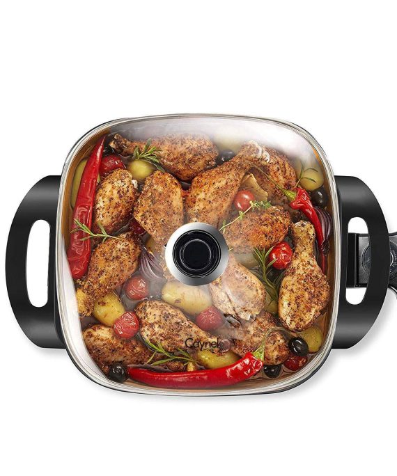 Caynel 12 x 12 Inch Nonstick Electric Skillet with Glass Lid, Copper Titanium Coating, Aluminum Body, 1400-Watts, Adjustable Temperature Controller Goes Up to 460 Degrees for Fry, Bake, Steam or Simmer, Easy to Clean (Copper)