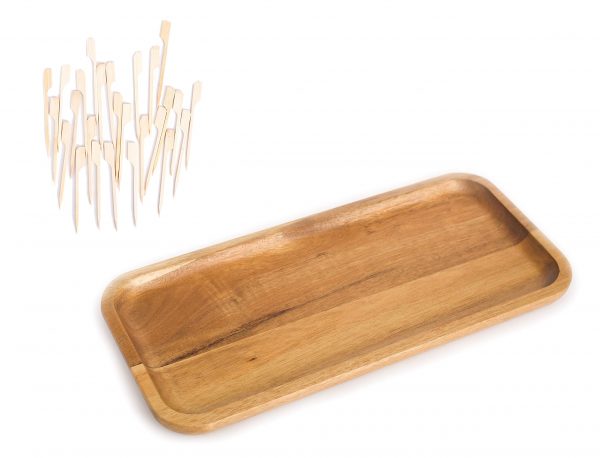 Wood Serving Platter Tray Plate, Wooden Steak Plates, Solid Natural Rectangular Acacia Wood for Food Party Cheese Appetizer, Avoid Sliding Spilling Food with 50 Paddle Picks Skewers