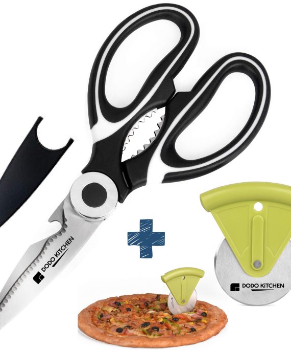 Dodo Kitchen Cooking Scissors – Stainless-Steel Food Scissors – Kitchen Scissors for Meat, Vegetables and Herbs – Multifunctional Shears with Blade Cover and Pizza Slicer – Heavy Duty Meat Shears