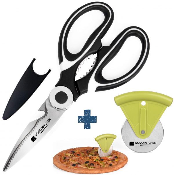Dodo Kitchen Cooking Scissors – Stainless-Steel Food Scissors – Kitchen Scissors for Meat, Vegetables and Herbs – Multifunctional Shears with Blade Cover and Pizza Slicer – Heavy Duty Meat Shears