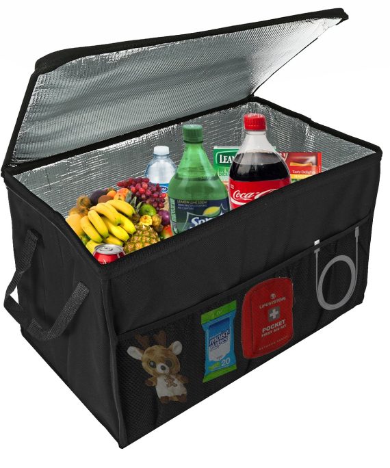 Insulated Car Console Organizer By Lebogner - X-Large Vacation Trunk Cooler Box For Hot Or Cold Food While Traveling, Collapsible Travel Or Shopping Carry Basket, Outdoor Picnic Bag For Camping