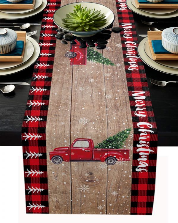 Linen Table Runner Dresser Scarves, Pine Fir Tree and Red Retro Truck Rectangle Tablecloths for Farmhouse Kitchen Dining Wedding Picnic Party 18x72in, Merry Christmas