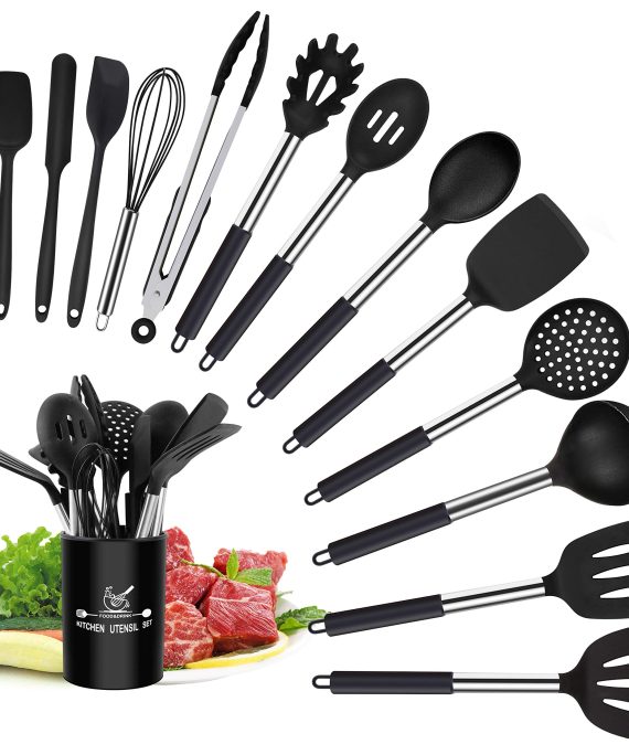 Silicone Cooking Utensil Sets, 15 pcs Kitchen Utensils Set, Non-stick Heat Resistant Silicone Cookware with Stainless Steel Handle, BPA-Free Cookware Kitchen Tools Set, Black