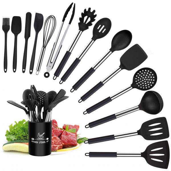 Silicone Cooking Utensil Sets, 15 pcs Kitchen Utensils Set, Non-stick Heat Resistant Silicone Cookware with Stainless Steel Handle, BPA-Free Cookware Kitchen Tools Set, Black