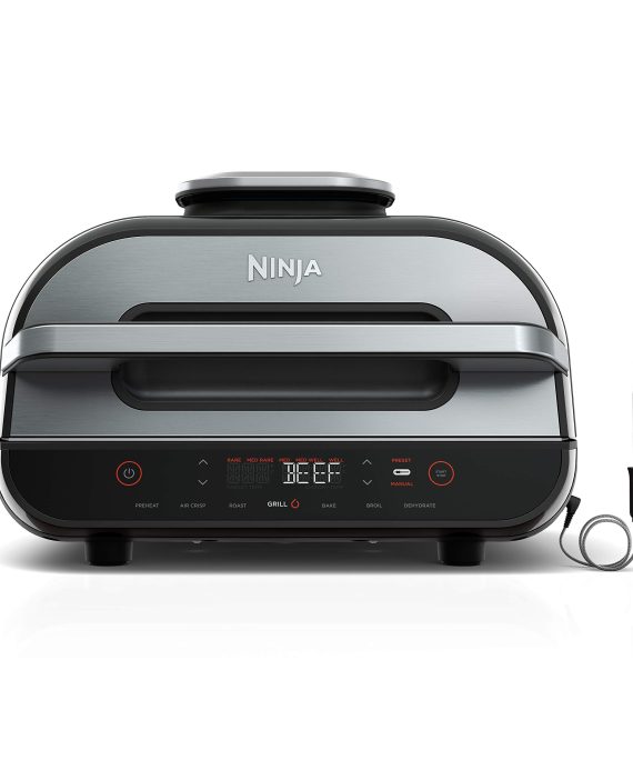 Ninja FG551 Foodi Smart XL 6-in-1 Indoor Grill with 4-Quart Air Fryer Roast Bake Dehydrate Broil and Leave-in Thermometer, with Extra Large Capacity, and a stainless steel Finish