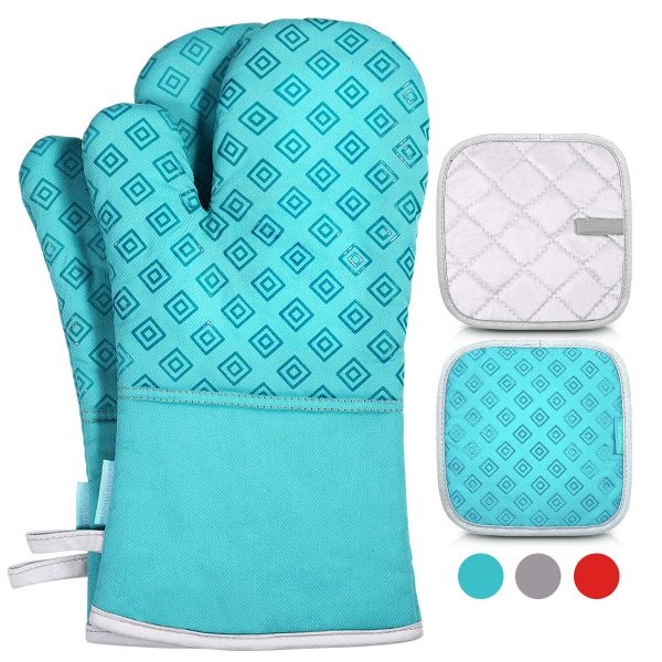 Homemaxs Oven Mitts and Pot Holders 4pcs Set, 500℉ Heat Resistant Non-Slip Food Grade Kitchen Mitten Silicone Cooking Gloves s for Kitchen, Cooking, Baking, BBQ (Turquoise)