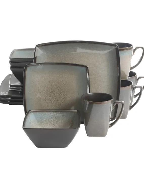 Gibson Elite Tequesta Square Reactive Glaze Stoneware Dinnerware Set, Service for 4 (16pcs), Taupe