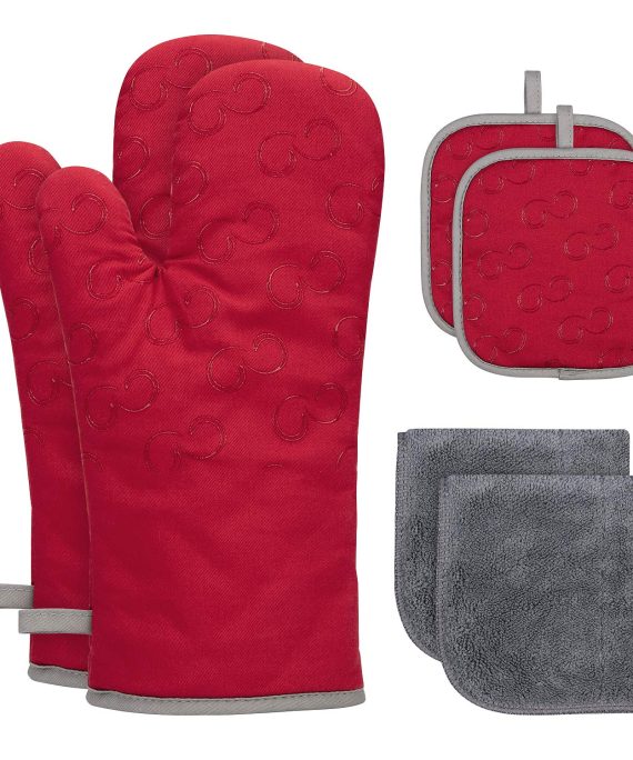 Velarnet 6 Pcs Oven Mitts and Pot Holders, Heat Resistant 500 Degrees Oven Gloves with Kitchen Towels Cotton Lining and Non-Slip Surface Safe for Baking, Cooking, BBQ (Red)